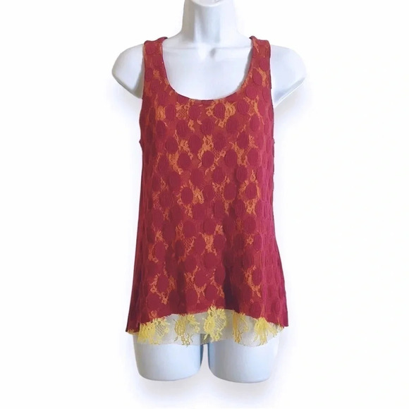 Anthropologie Weston Wear Lace Overlay Tank Top Raspberry Yellow Size XS USA - Picture 2 of 8